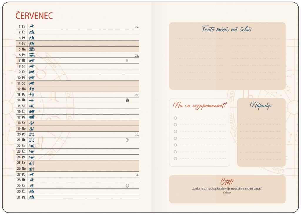 Diáře 2026, plánovací diáře - Týdenní diář B6 Lunární Luna s gumičkou